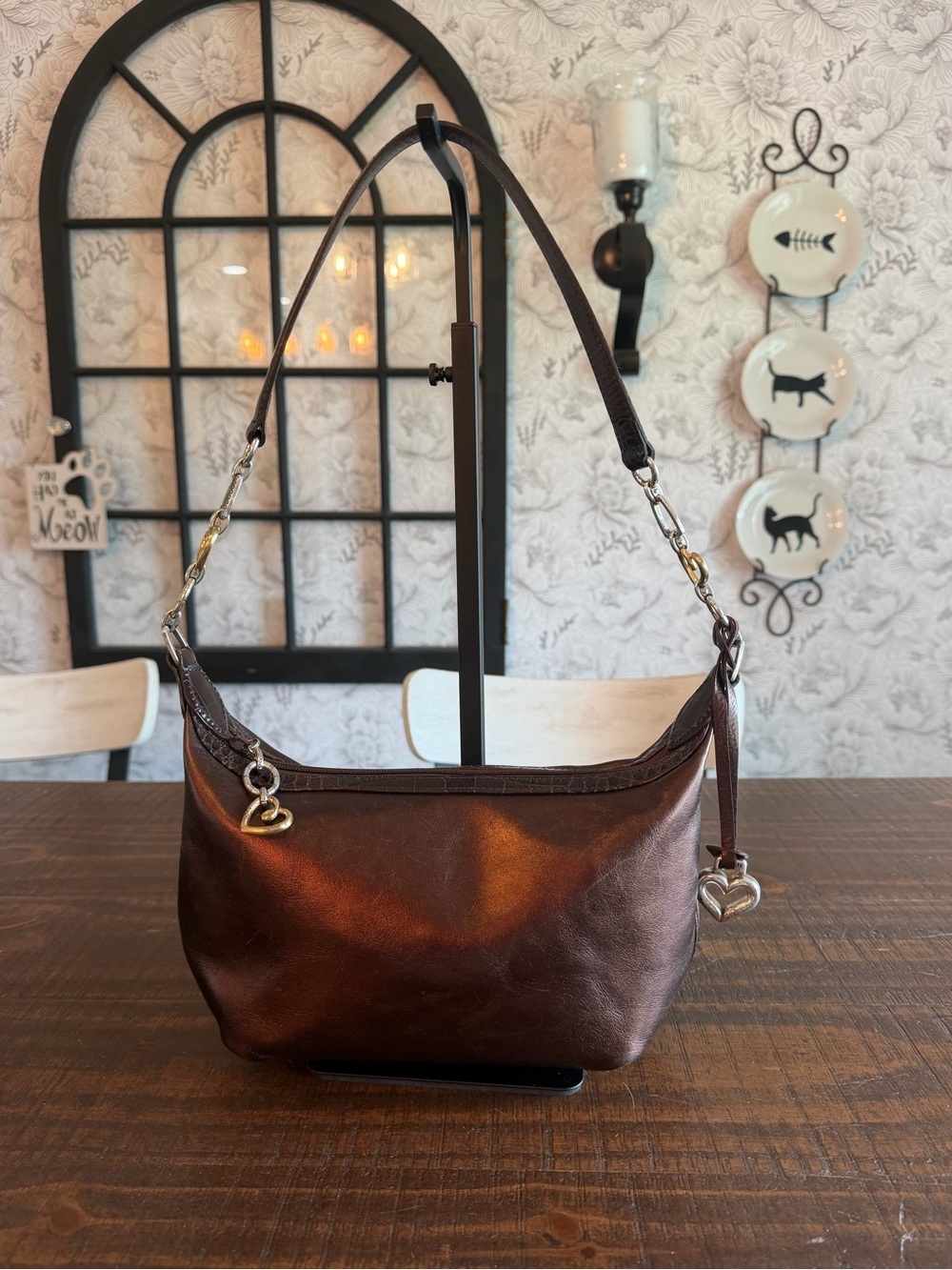 Brighton Bronze Leather Zip Top Croc Trim Hobo Bag with Heart Charms EUC